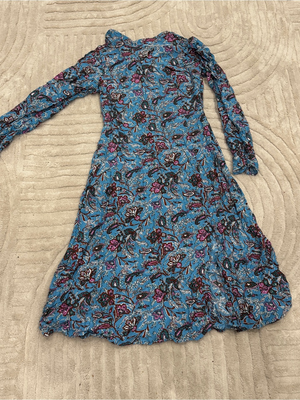 LOFT Teal Blue Floral Long-Sleeve Midi Dress